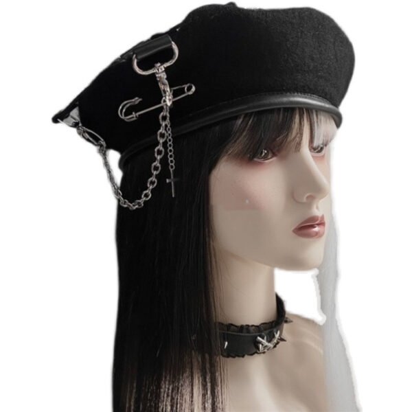 Punk Goth Cross Pin Chain Painter Hat - Image 5