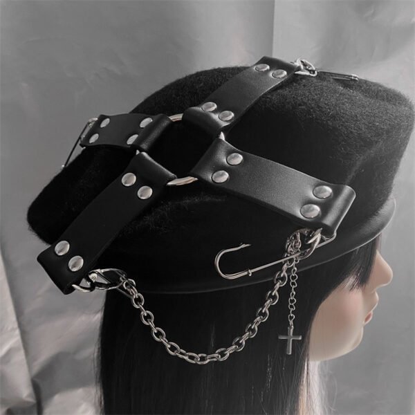 Punk Goth Cross Pin Chain Painter Hat - Image 2