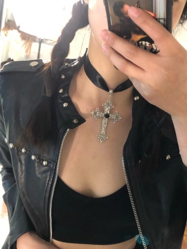 Gothic Cross Ribbon Necklace Punk - Image 4