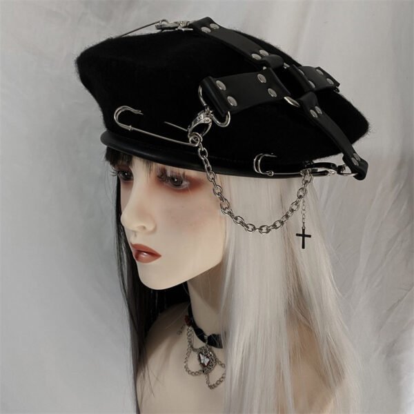 Punk Goth Cross Pin Chain Painter Hat - Image 4