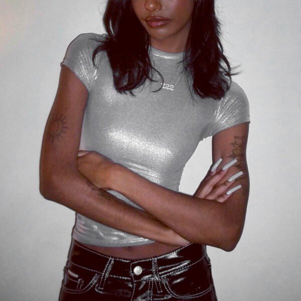 Sexy Women's Rock Punk Metallic T-shirt Round Neck Crop Top