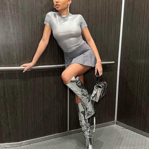 Sexy Women's Rock Punk Metallic T-shirt Round Neck Crop Top - Image 3