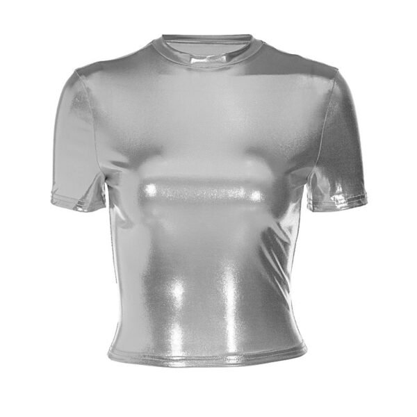 Sexy Women's Rock Punk Metallic T-shirt Round Neck Crop Top - Image 2